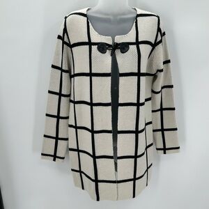 Escio Cardigan Sweater Womens M Toggle Button Windowpane Plaid Ivory Black NEW